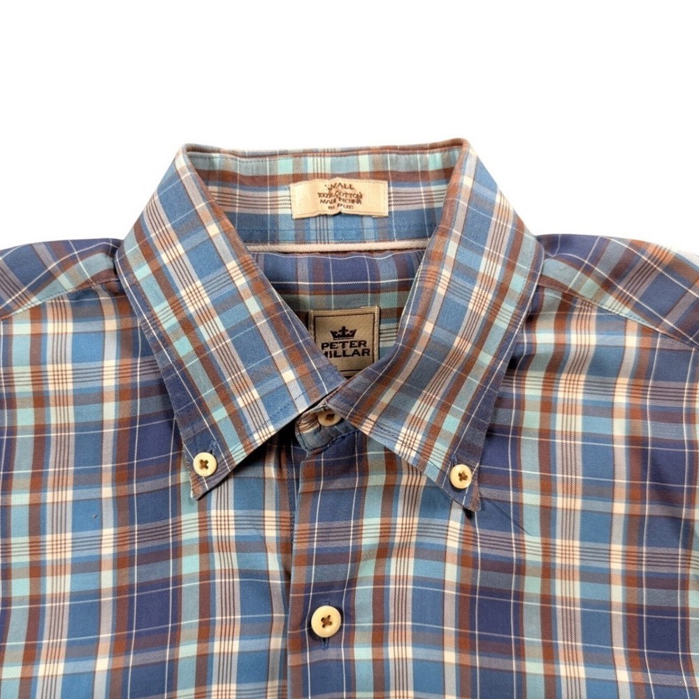 Peter Millar Mens Small Blue‎ Brown Plaid Cotton Button Down Shirt Long Sleeve